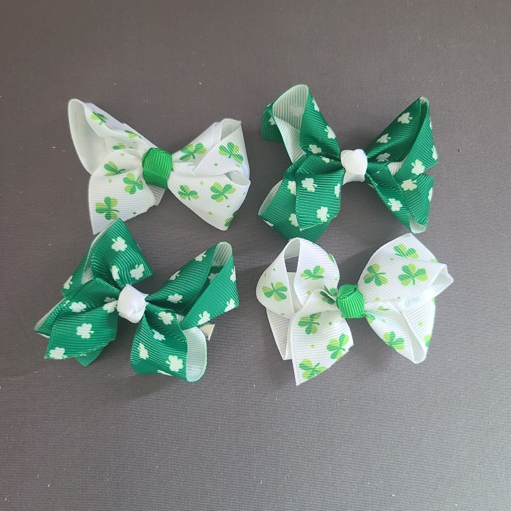 St Patricks Day Shamrock Hair Bows 4 Pack Green White Clover Alligator‎ Clips 3"